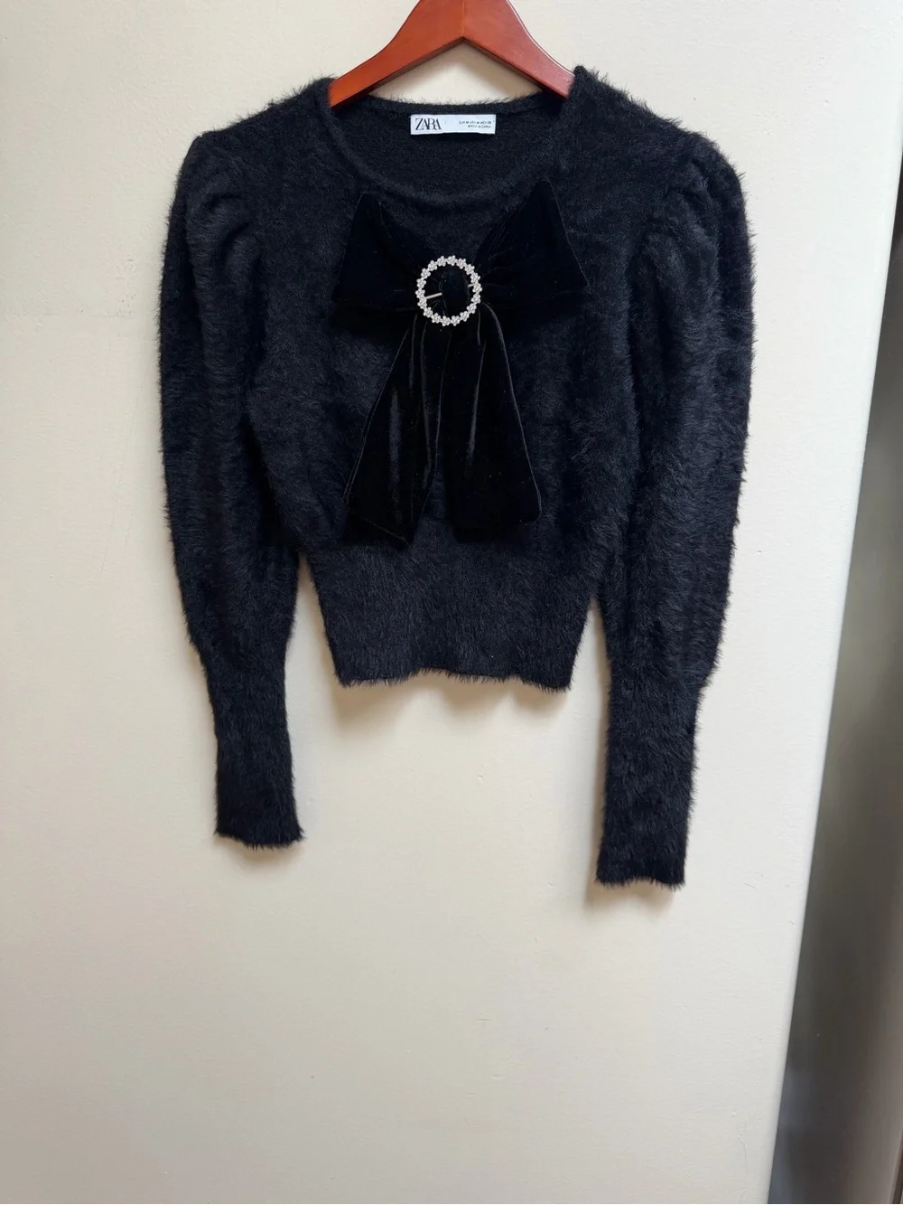 ZARA Black Fuzzy Knit Sweater with Velvet Bow